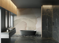 Soft watercolor petals in neutral tones forming a tranquil mural for bathroom.