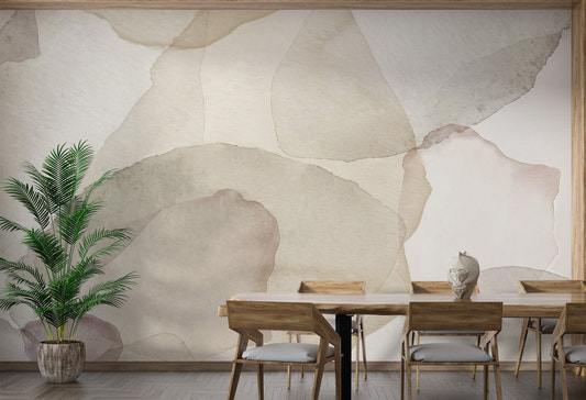 Abstract sand-inspired petals mural in soft beige and gray hues for dining area