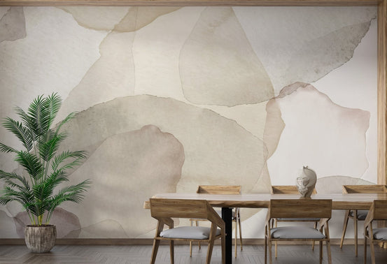 Abstract sand-inspired petals mural in soft beige and gray hues for dining area