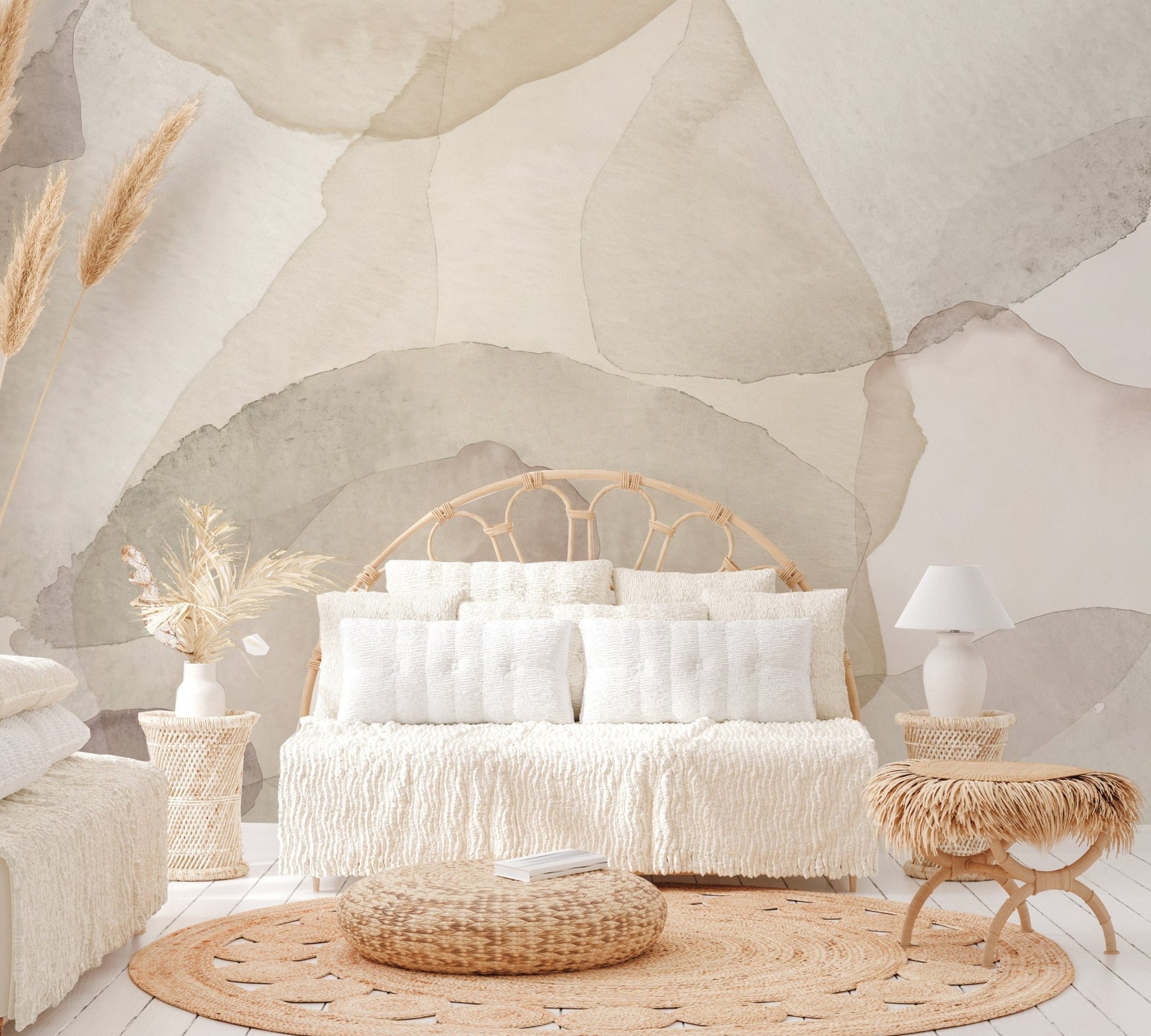 Soft gray and beige abstract petals flowing in an artistic wall mural