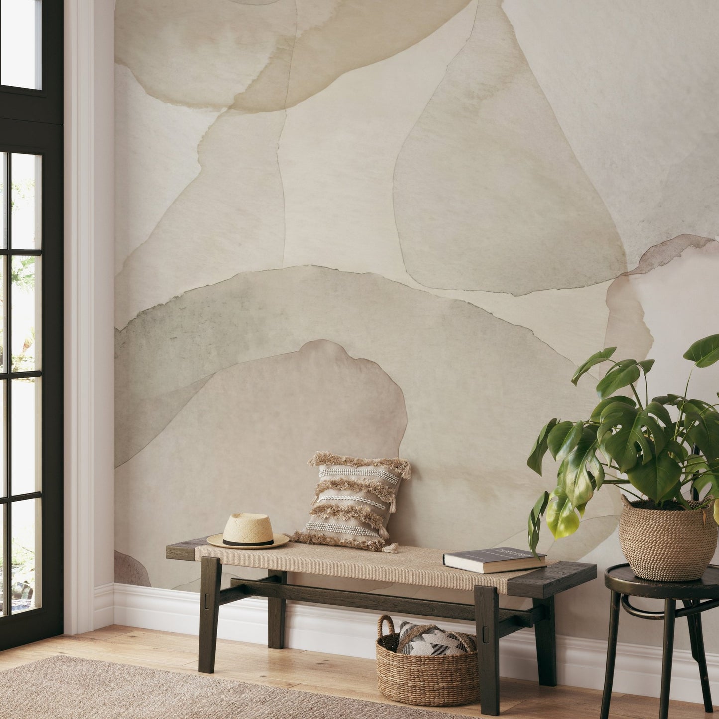 Abstract sand petal mural with layered textures in neutral tones for hallway.