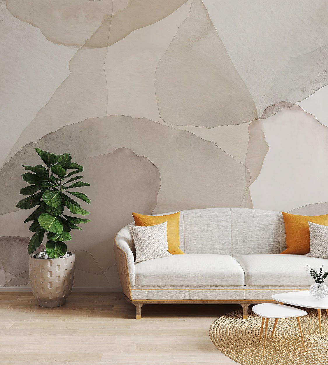 Neutral-toned abstract mural with delicate layers of watercolor petals.
