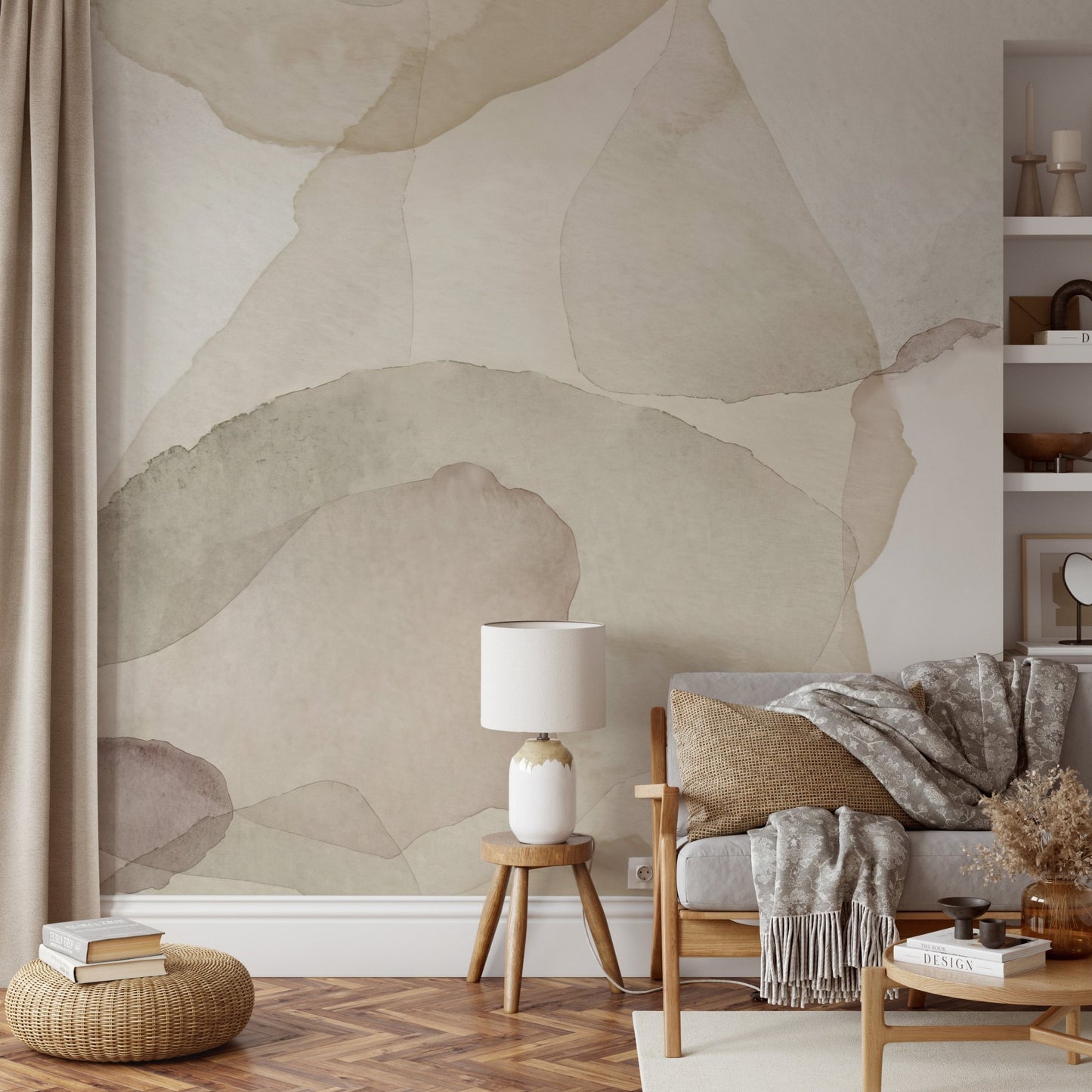 Watercolor petals mural in soft earth tones for a calming effect in living room
