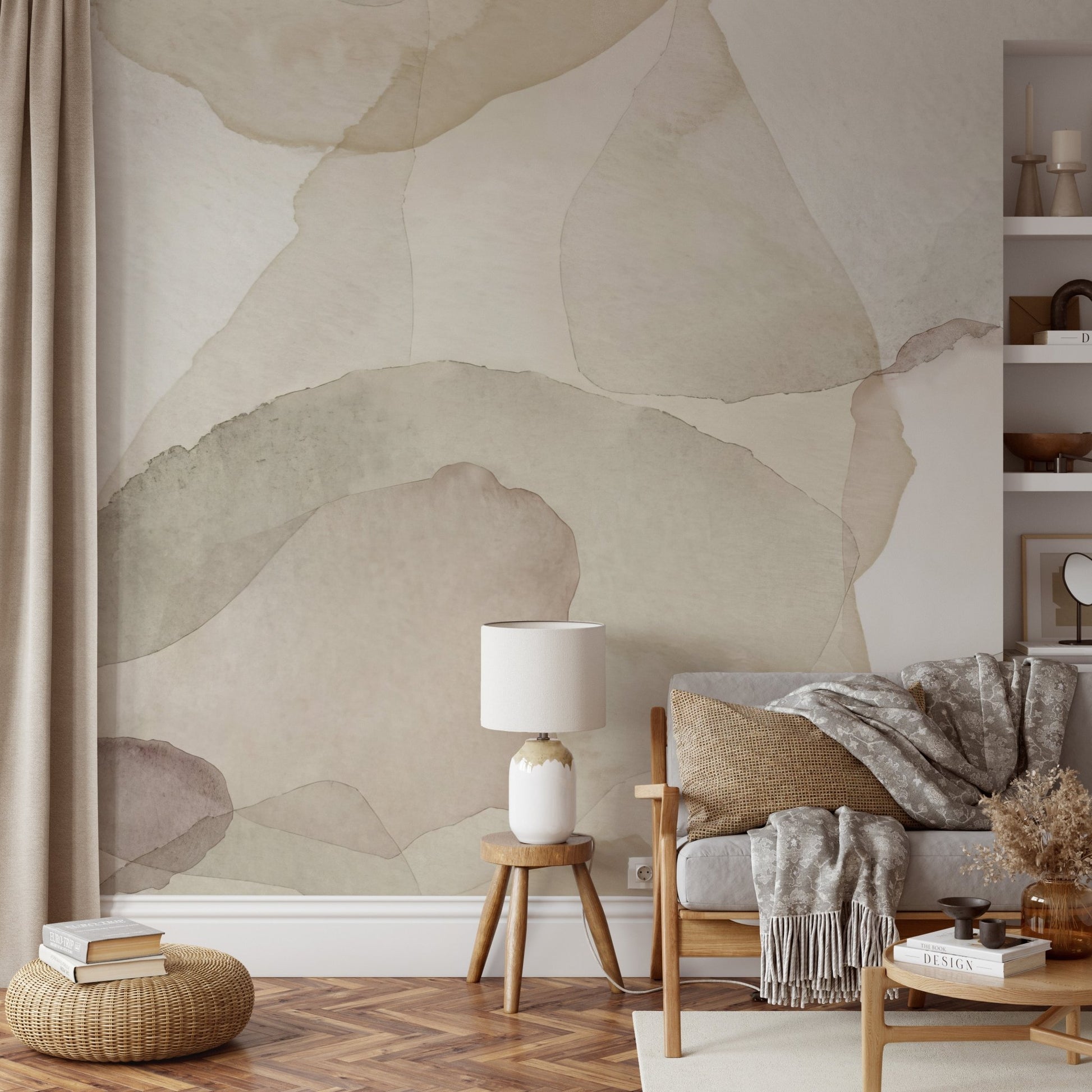Watercolor petals mural in soft earth tones for a calming effect in living room