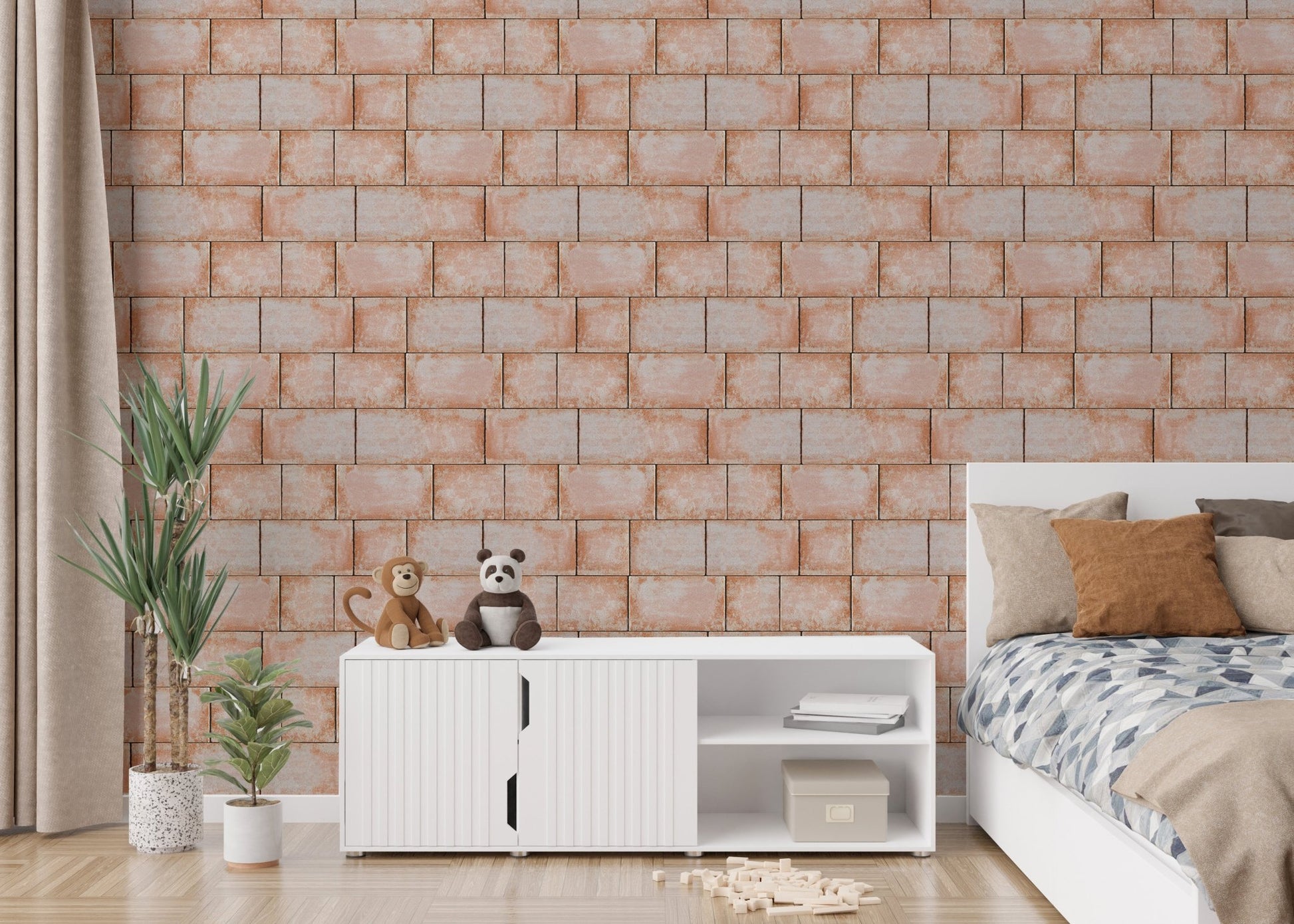 Sandstone wallpaper in a bedroom with white desk and bed.