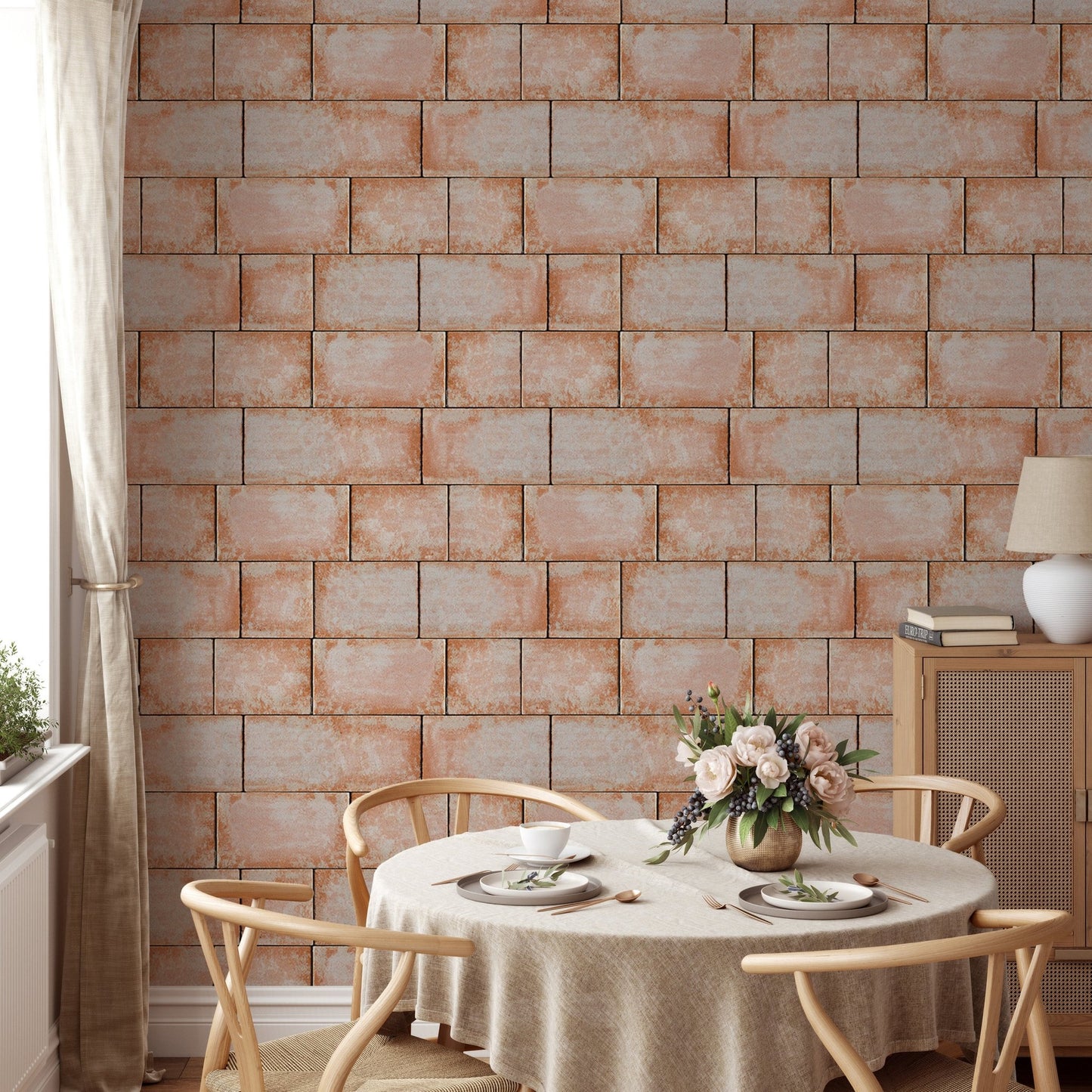 Dining room wall styling using sandstone blocks decorative seamless pattern wallpaper.