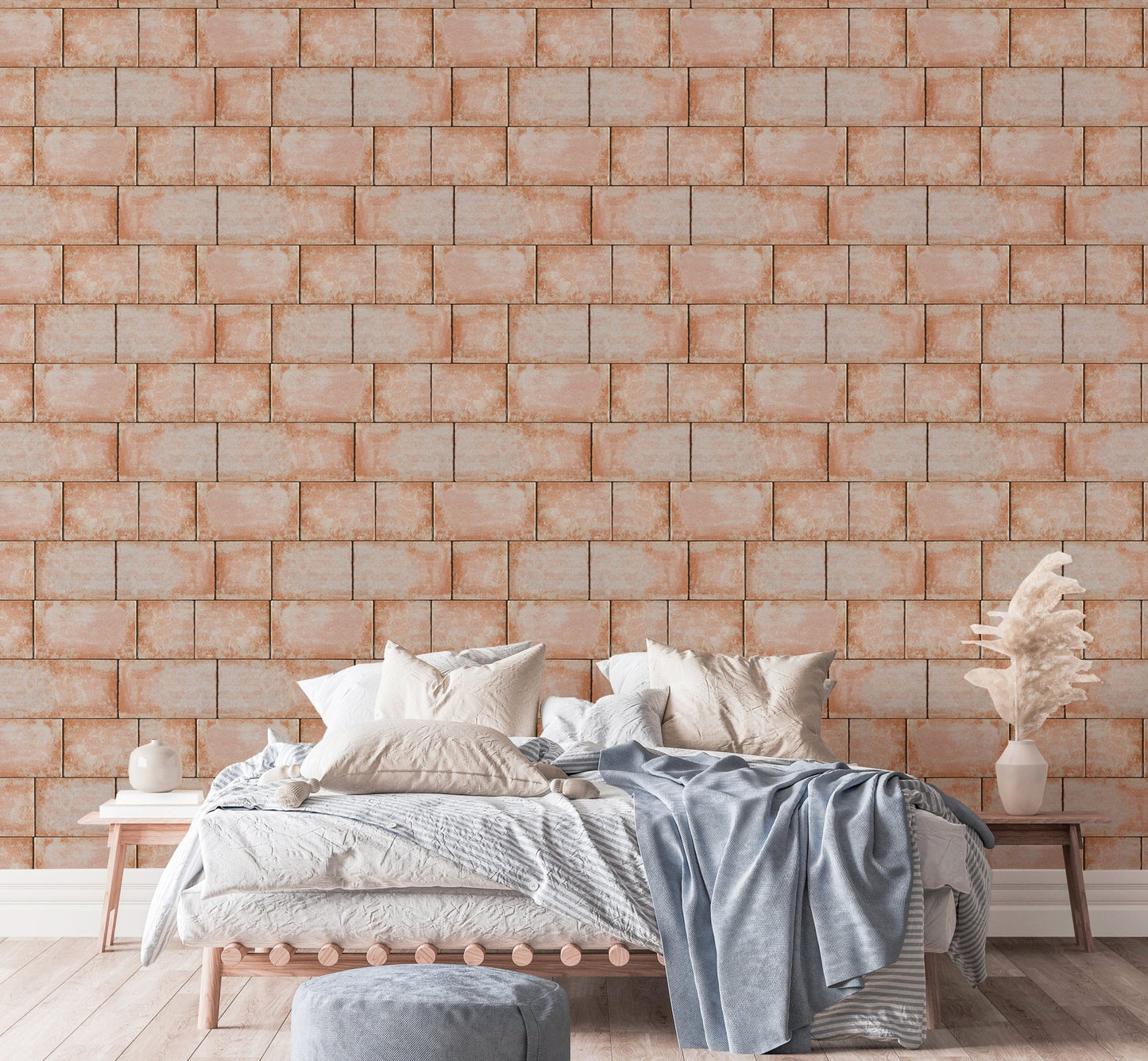 Large scale sandstone wallpaper in a bright master bedroom.