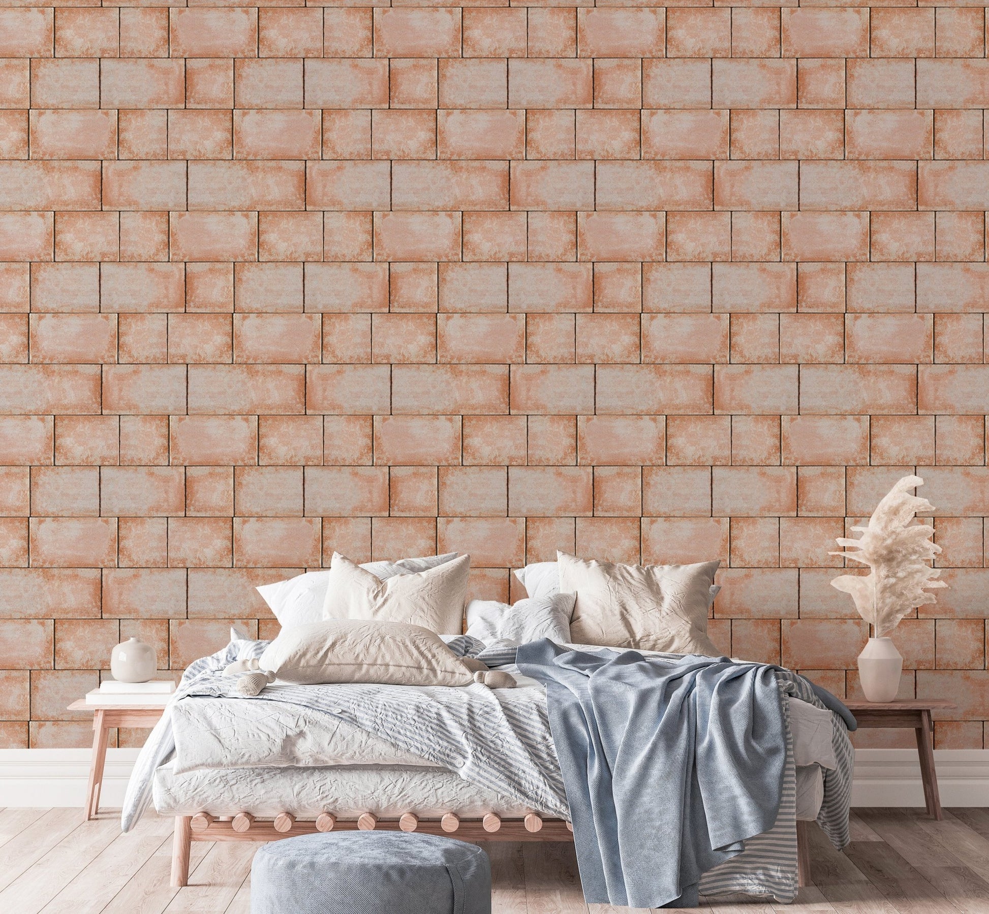 Large scale sandstone wallpaper in a bright master bedroom.