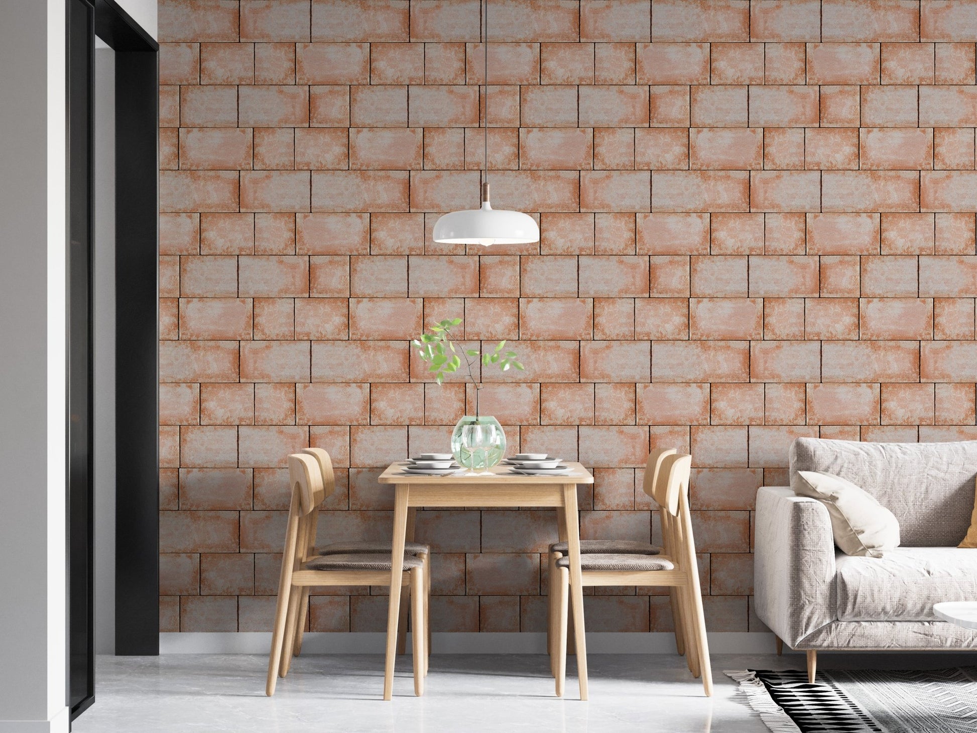 Modern dining space with sandstone blocks wallpaper and neutral furniture.