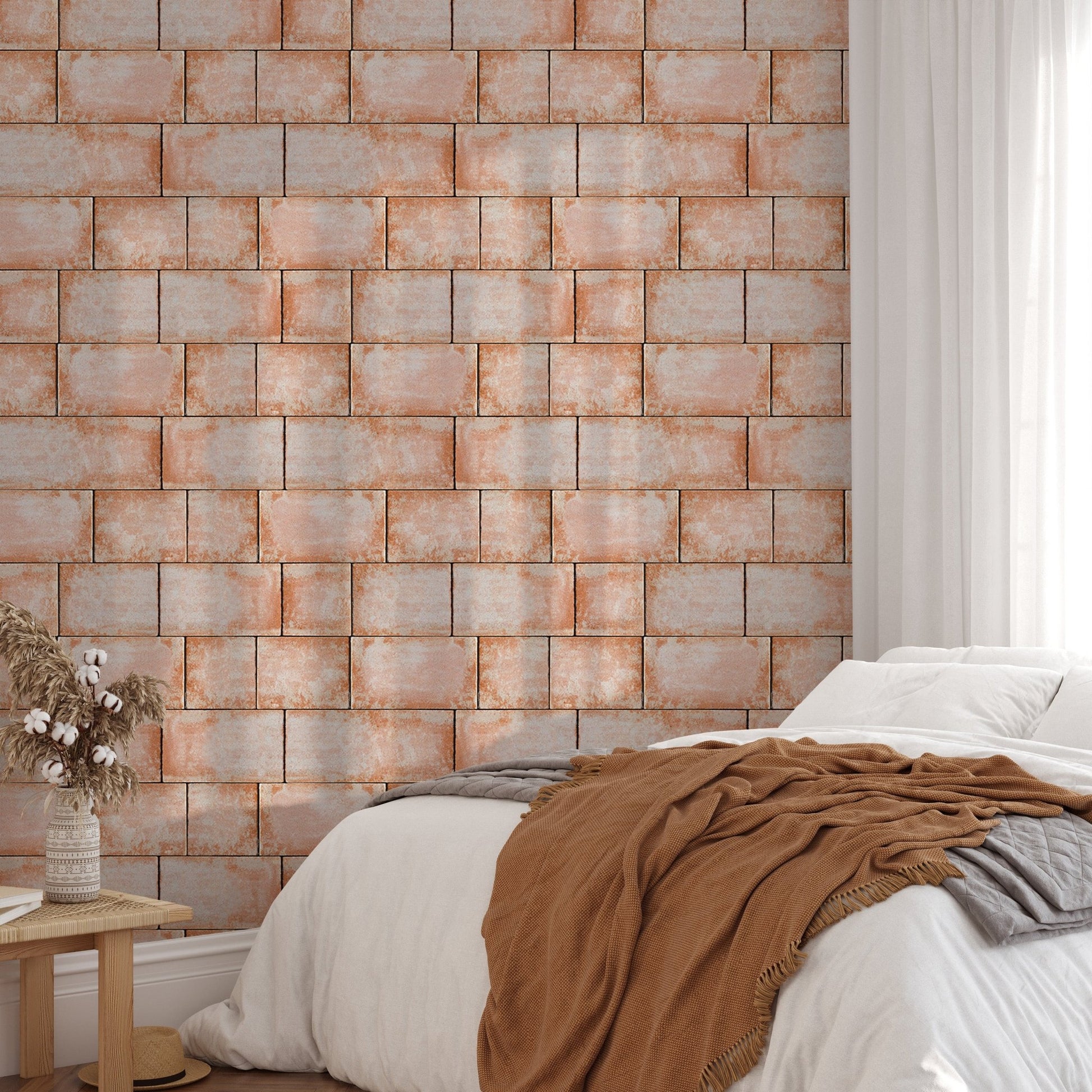 Bedroom wallpaper with sandstone texture and white bedding.