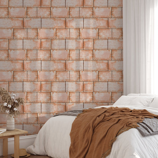 Bedroom wallpaper with sandstone texture and white bedding.