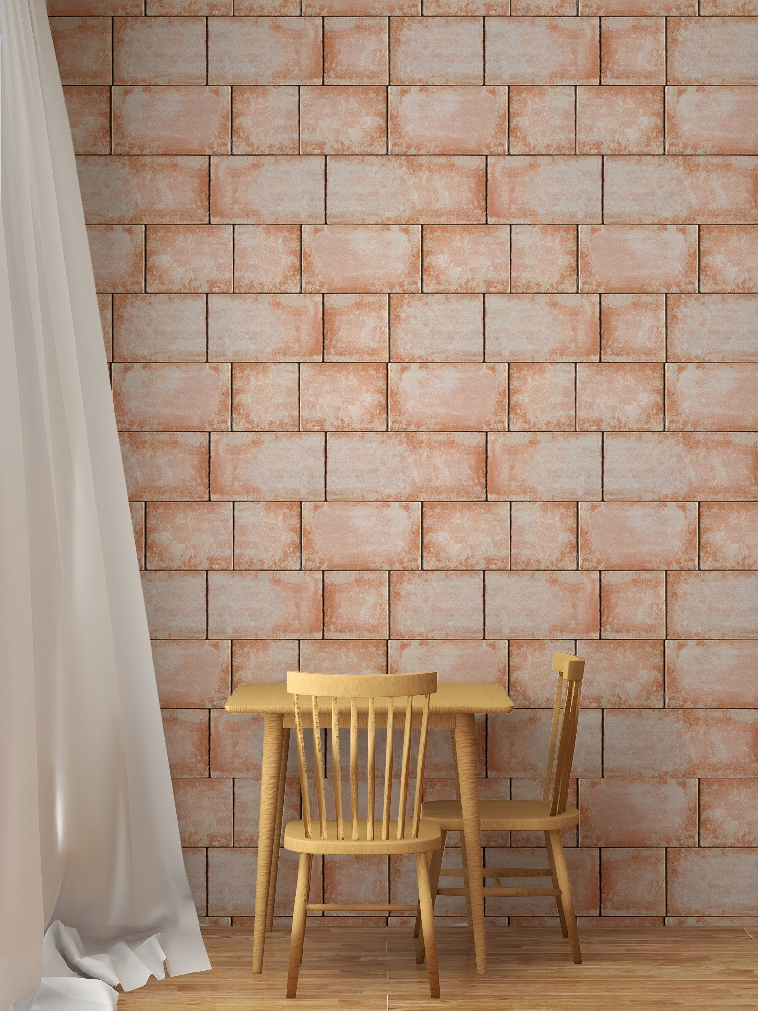 Minimalist dining area featuring sandstone blocks decorative seamless pattern wallpaper.