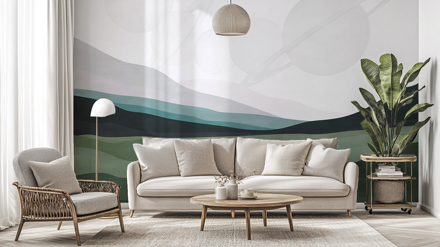 Abstract watercolor landscape wallpaper with green mountain and planets.