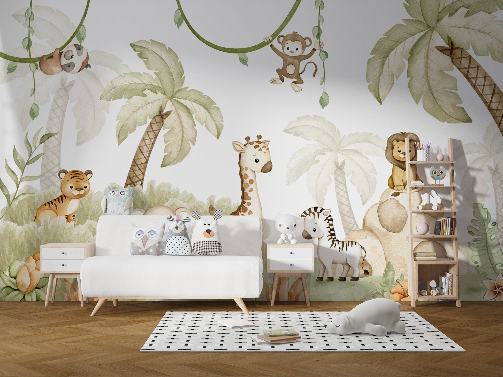 Playful jungle friends wall mural with giraffe and safari illustration.