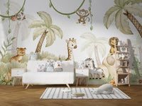 Playful jungle friends wall mural with giraffe and safari illustration.