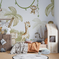 Soft color savannah mural with elephant, zebra and palm trees for kids bedroom walls.