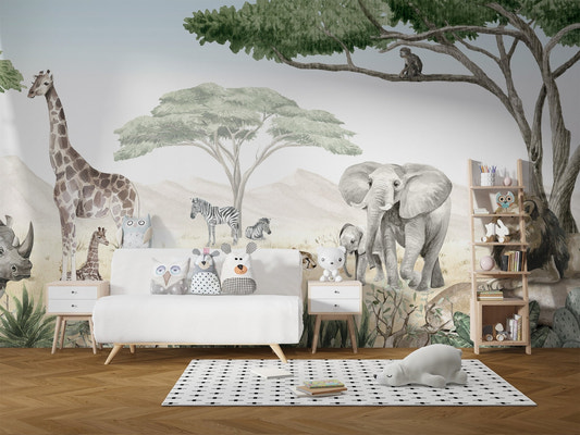 Large scale savannah jive mural peel and stick wallpaper with matte textures.