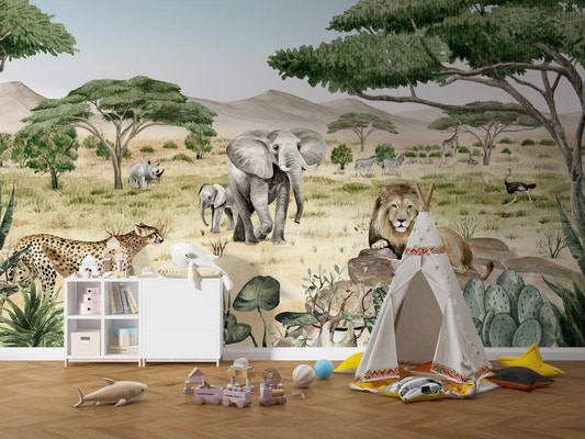 Artistic animal kingdom savannah wallpaper for a peaceful interior aesthetic.
