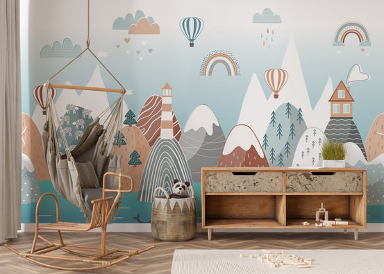 Scandinavian boho nursery wall murals with mountain and hot air balloon patterns.