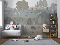Minimalist Scandinavian design with forest animals mural in playroom.