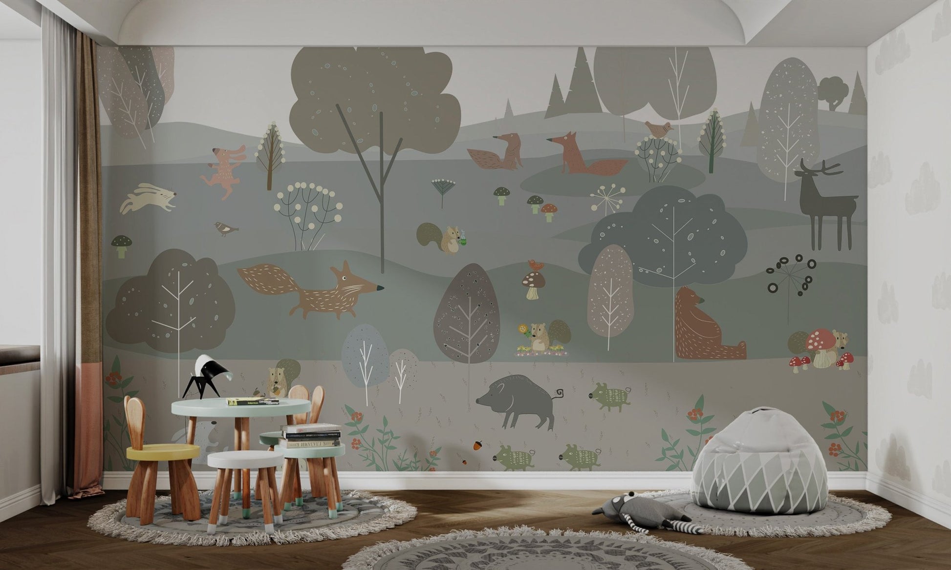 Forest-themed wall mural in Scandinavian style in nursery.