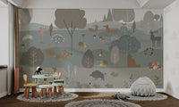 Forest-themed wall mural in Scandinavian style in nursery.