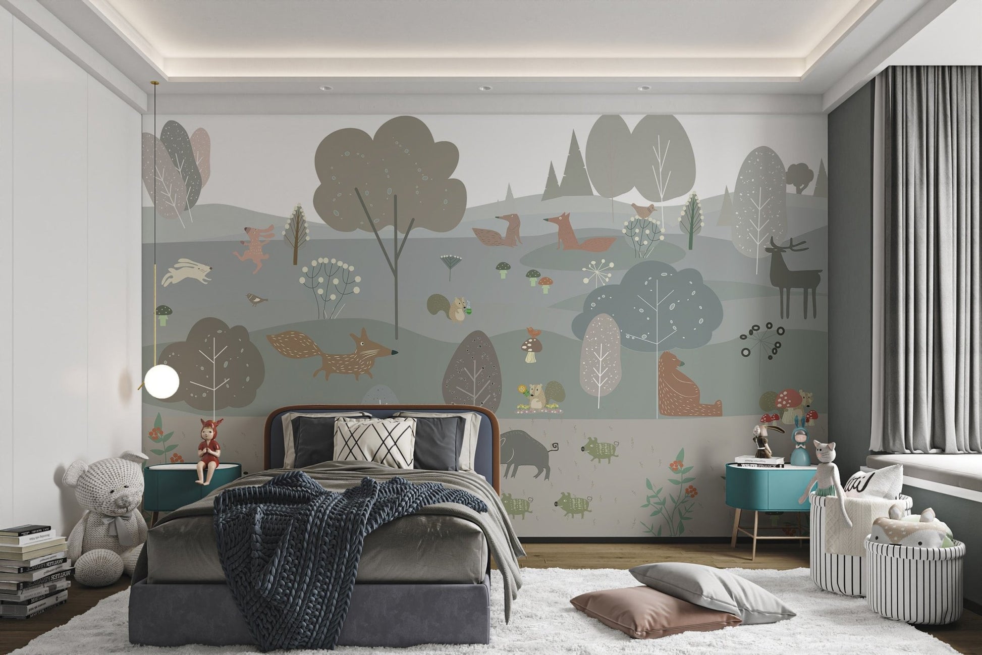 Scandinavian-inspired wall mural with woodland creatures in kids bedroom.