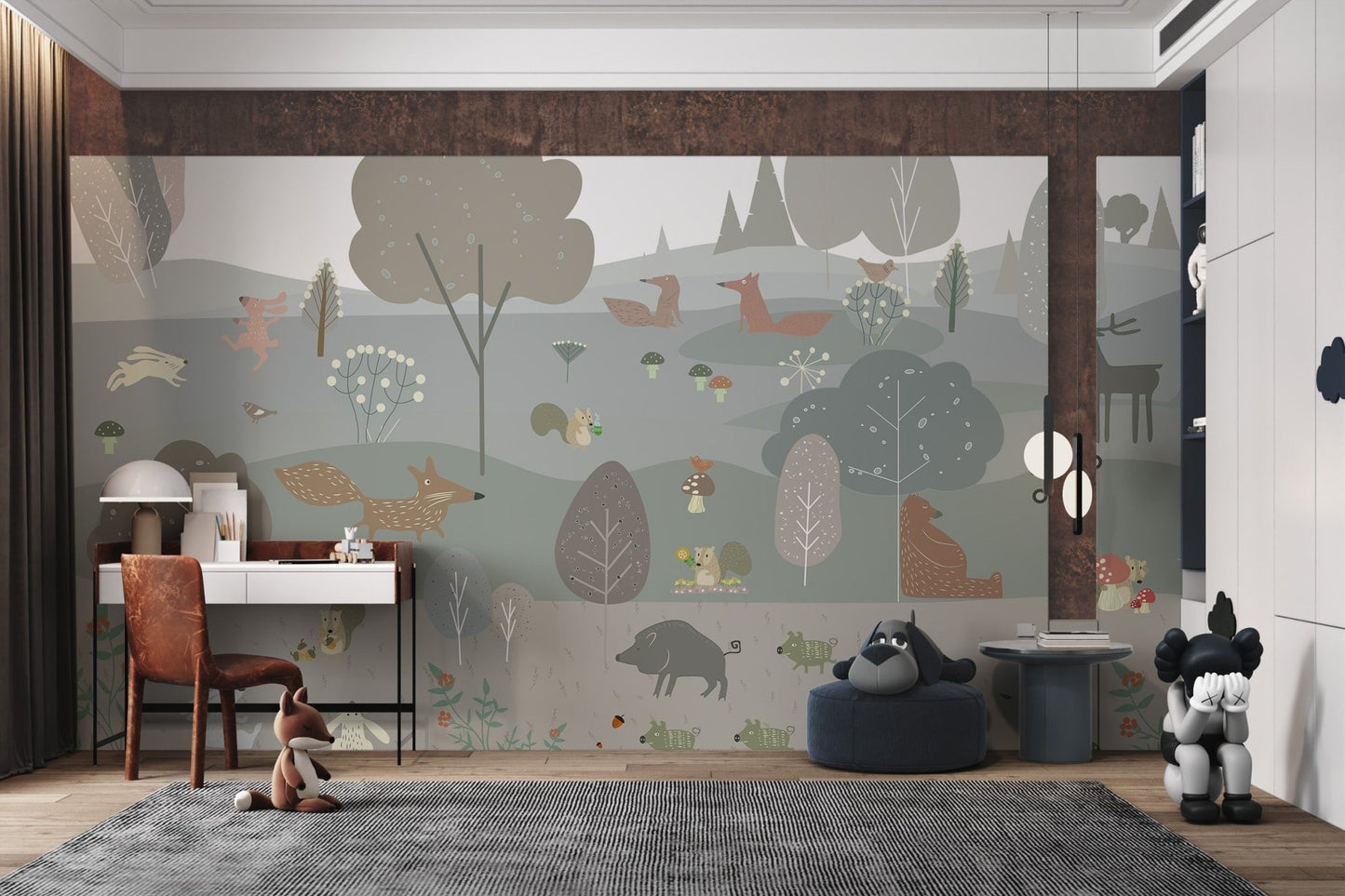 Forest animal wall mural for a child's study area in soft sage and brown.