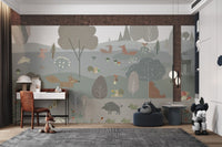 Forest animal wall mural for a child's study area in soft sage and brown.