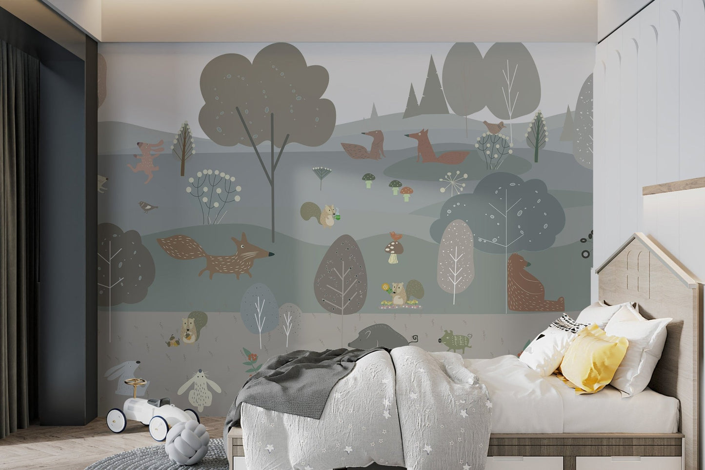 Forest animal mural in Scandinavian design for child's bedroom. 