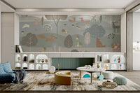 Scandinavian-style wall mural with charming forest animal in kids play area.