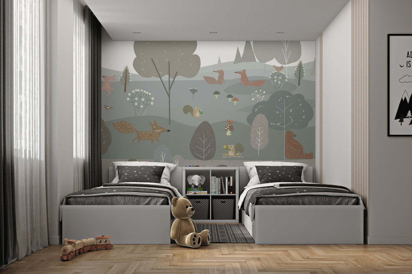 Nature inspired wall mural featuring foxes and trees for a shared bedroom.