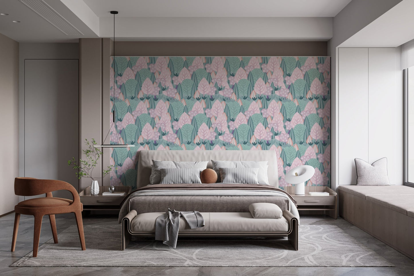 Nordic foliage wallpaper with decorative forest illustration style for bedroom interior.