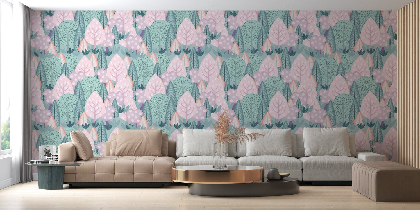 Soft pastel trees and plants wallpaper with Scandinavian nature pattern for living room.