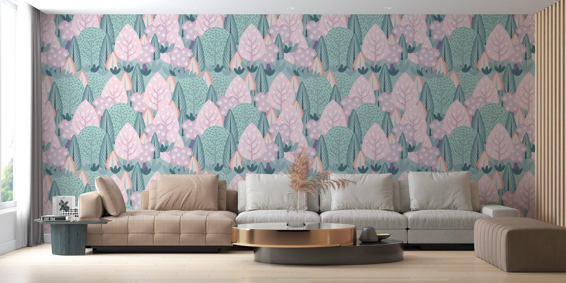 Soft pastel trees and plants wallpaper with Scandinavian nature pattern for living room.