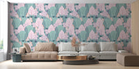 Soft pastel trees and plants wallpaper with Scandinavian nature pattern for living room.