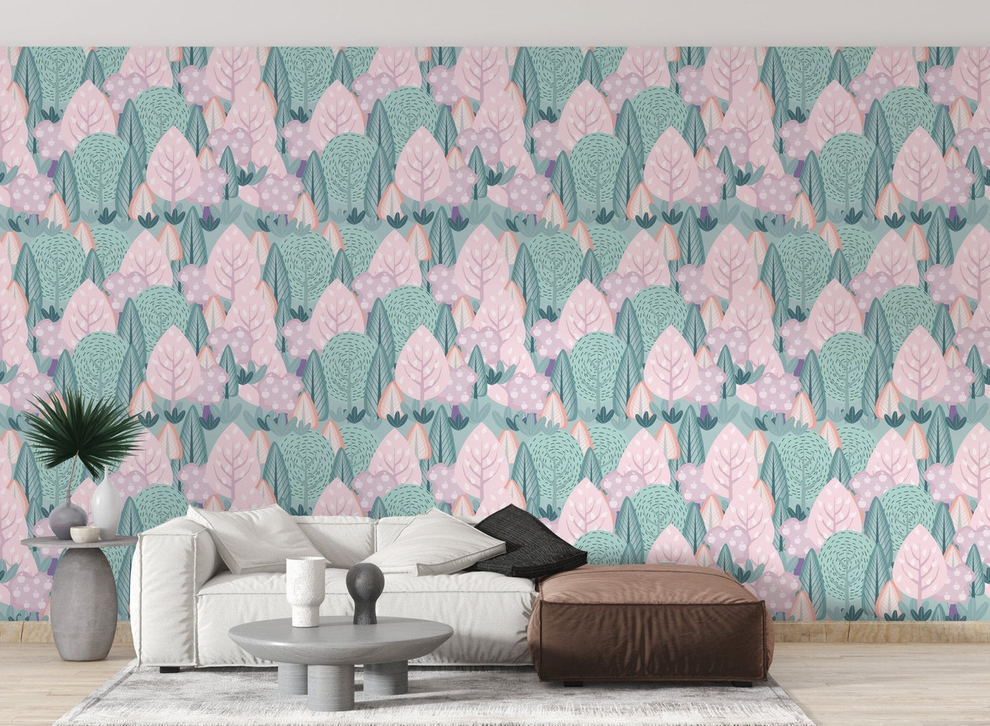 Scandinavian serenity scape wallpaper with pastel trees and leaves pattern for living room.