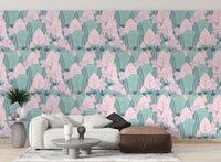 Scandinavian serenity scape wallpaper with pastel trees and leaves pattern for living room.