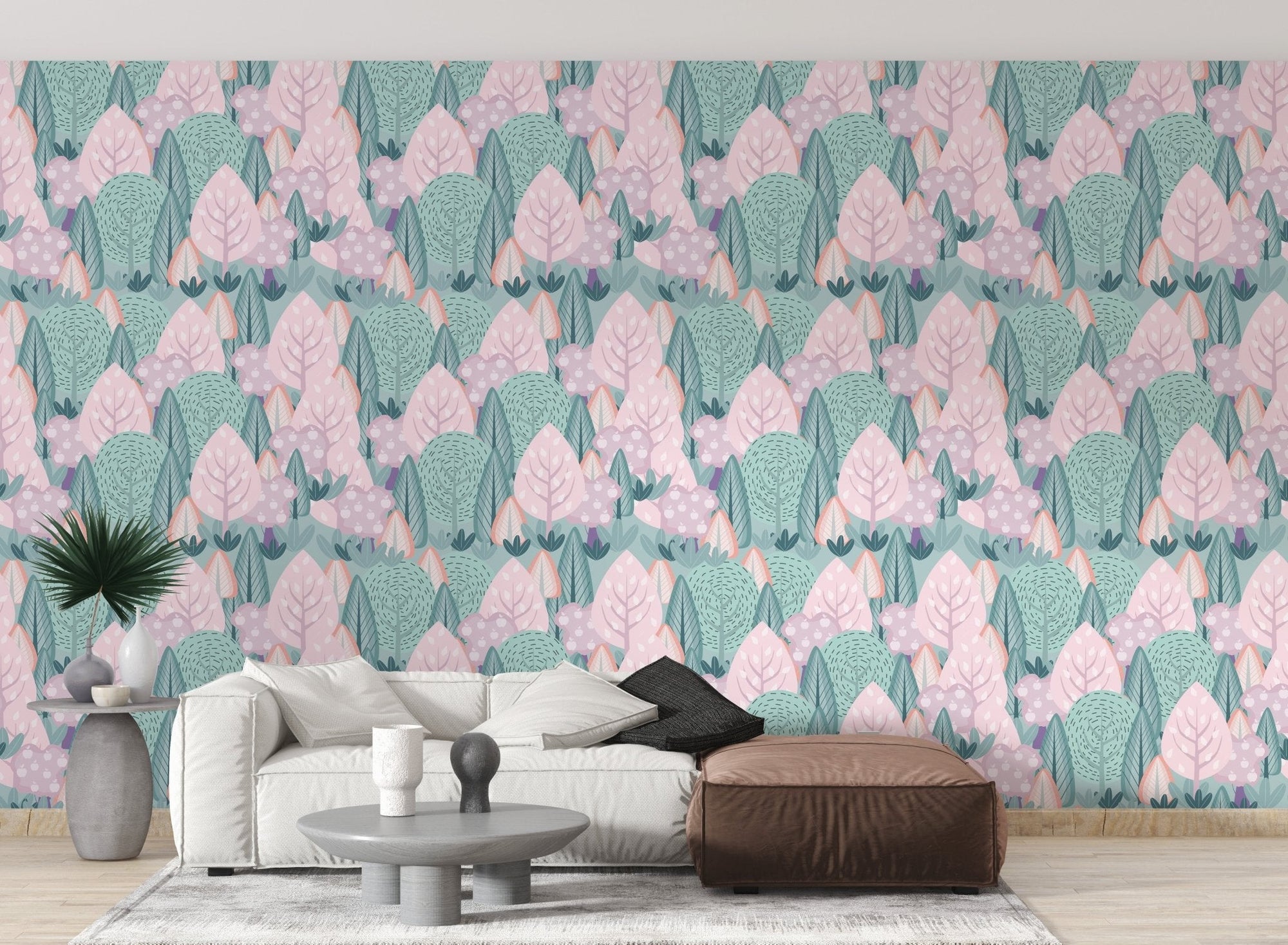 Scandinavian serenity scape wallpaper with pastel trees and leaves pattern for living room.