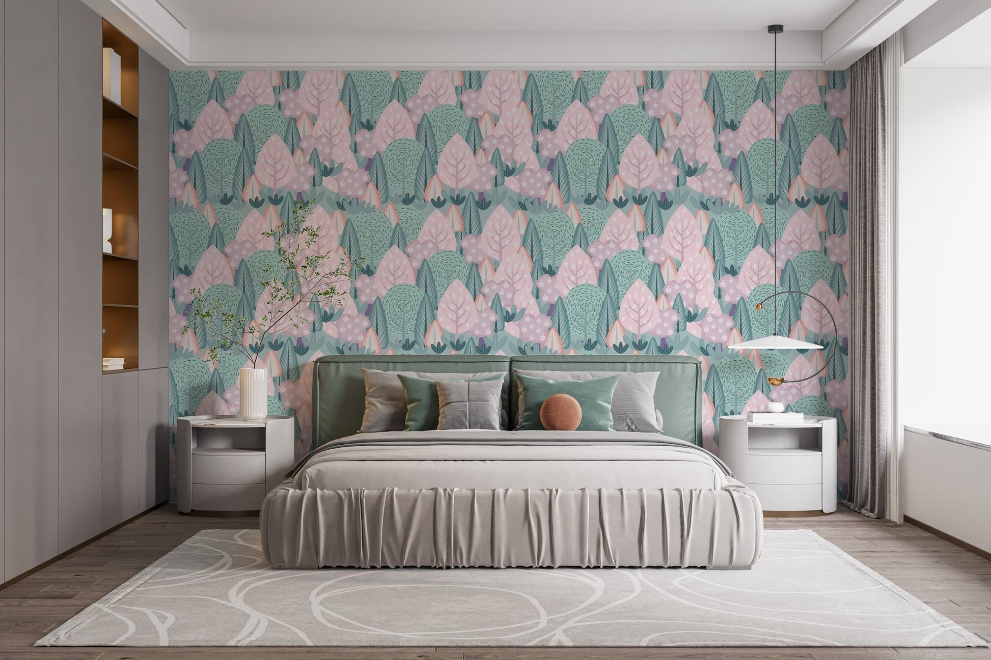 Pastel woodland trees wallpaper with minimal Nordic illustration pattern for bedroom backdrop.