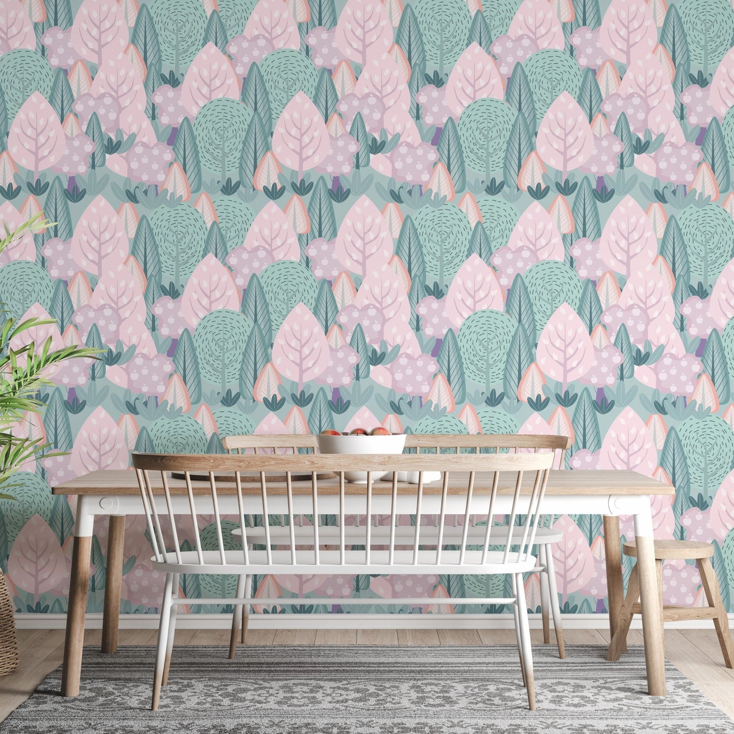 Calm Scandinavian wallpaper landscape view on dining room walls.
