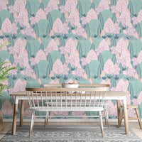 Calm Scandinavian wallpaper landscape view on dining room walls.
