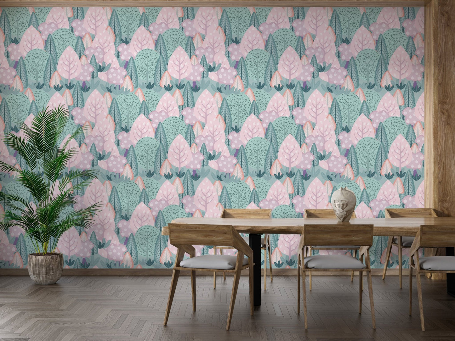 Scandinavian style botanical wallpaper with minimal tree silhouettes for dining room.