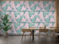Scandinavian style botanical wallpaper with minimal tree silhouettes for dining room.