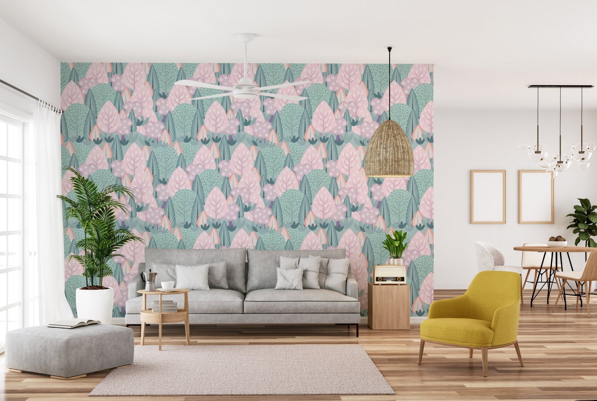 Pastel nature forest wallpaper with Scandinavian design elements in hallway.

