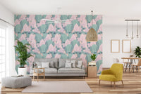 Pastel nature forest wallpaper with Scandinavian design elements in hallway.
