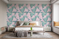Scandinavian wallpaper showcasing serene scape on bedroom walls.

