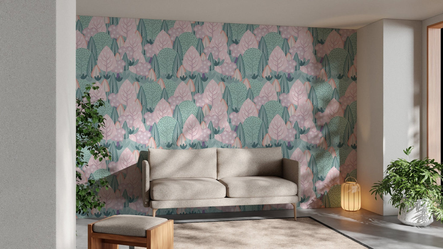 Scandinavian forest style wallpaper with soft pink and green foliage design.