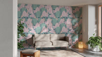 Scandinavian forest style wallpaper with soft pink and green foliage design.