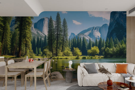 Panoramic mountain vista wall mural for a peaceful interior.